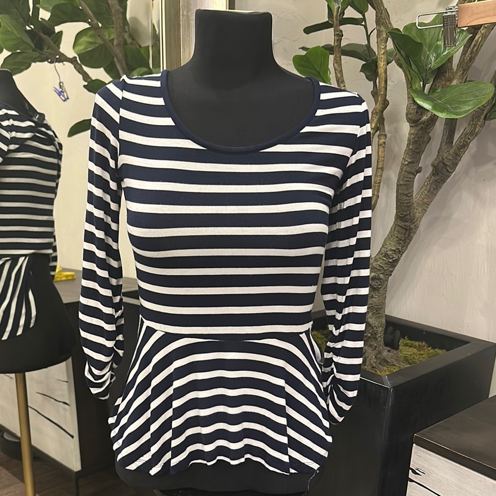 INC Striped Navy Black and White Long Sleeve Peplum Top XS